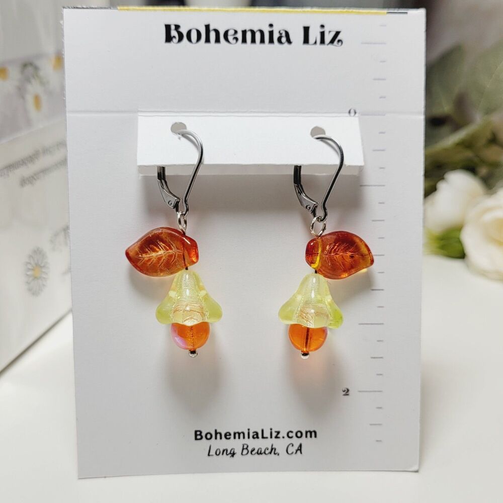 Orange Glass Stainless Steel Leverback Hidden Meaning earrings Floral Fae   663■